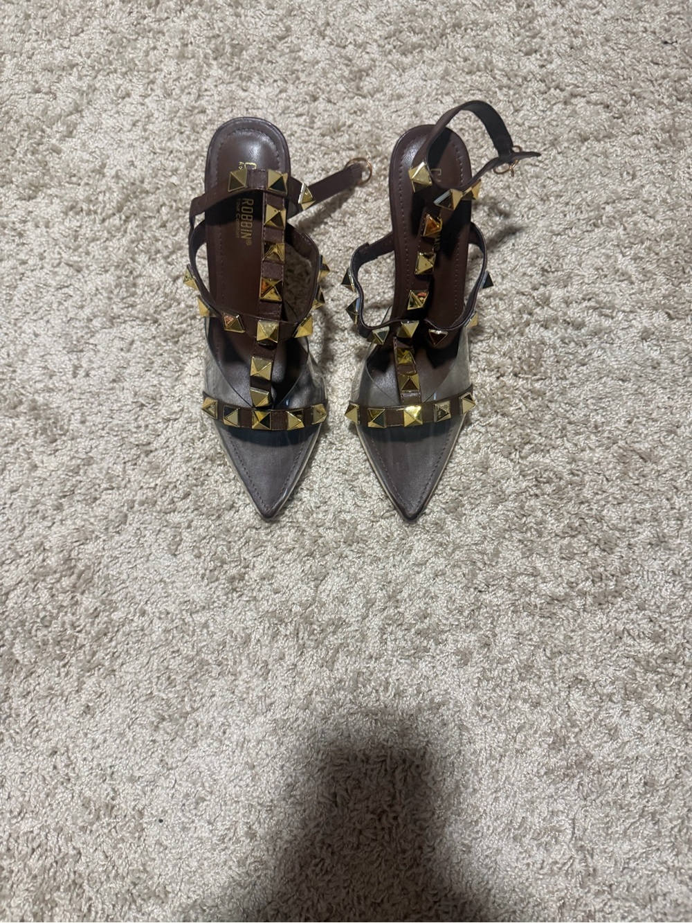 Cape Robbin Brown Pointed Toe Studded High Heels with Gold Studs